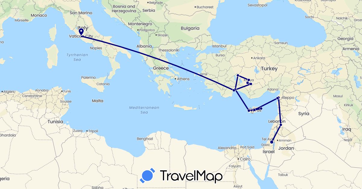 TravelMap itinerary: driving in Cyprus, Israel, Italy, Syria, Turkey (Asia, Europe)